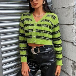NEVER WORN Striped Pattern Pointelle Knit Crop Cardigan